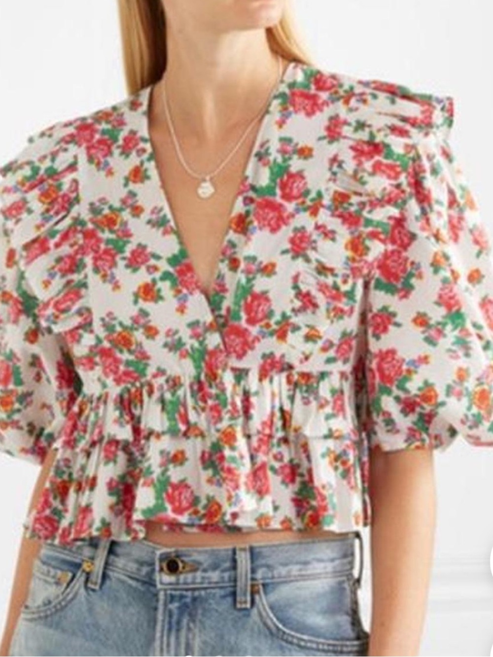 RHODE White Floral Ruffle V-Neck Crop Top with Pink & Green